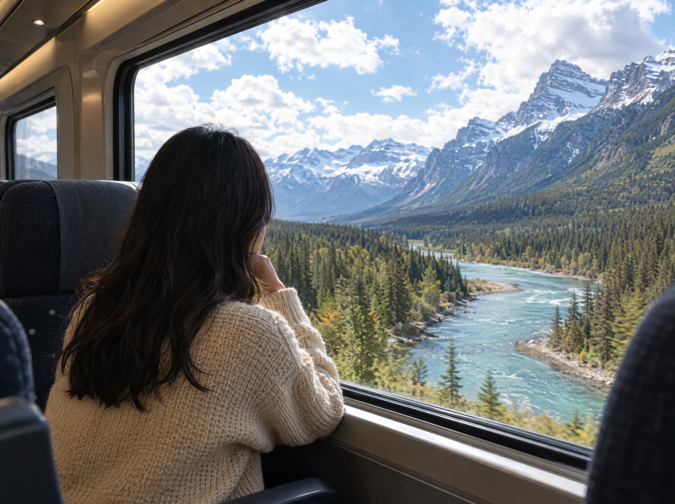 A traveller looking out of a train window at a river valley and snow-capped mountains
